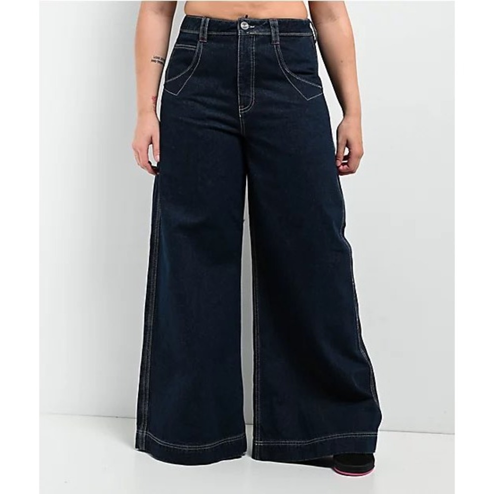 A-Lab 32" Digital Indigo Wide Leg Skater Jeans Star Embroidery Dark Wash Size 14